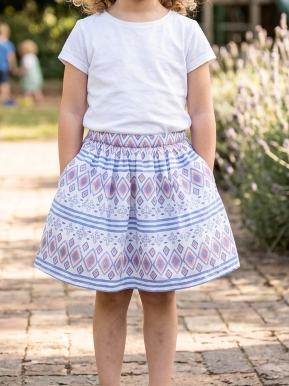 Girls' Blue & Pink Printed Cotton Skirt